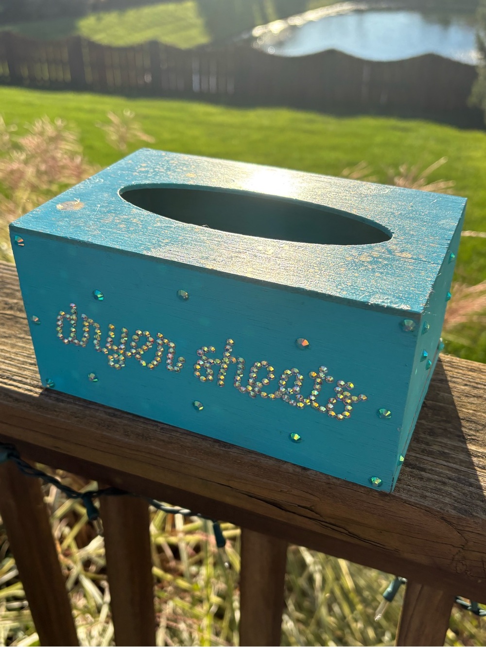 Turquoise Decorative wood Dryer Sheets Box-Rhinestone accents! FREE gift!